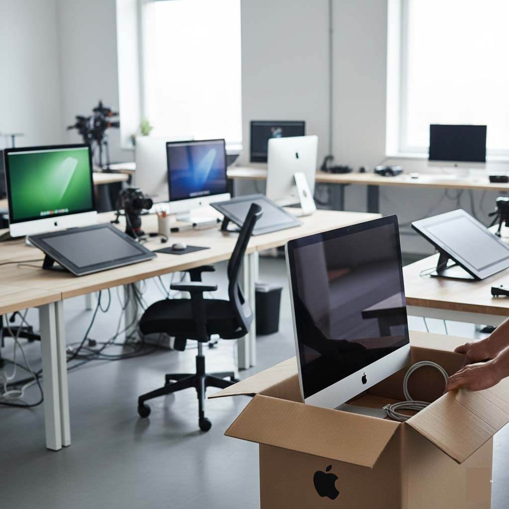 現代化工作室中多台 iMac 準備進行汰換回收 / Multiple iMacs in a modern studio ready for replacement and recycling